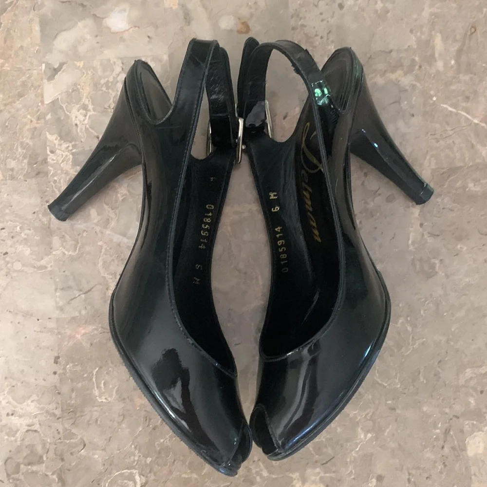 Delman Black Patent Leather Peep Toe Slingback Heels Size 6